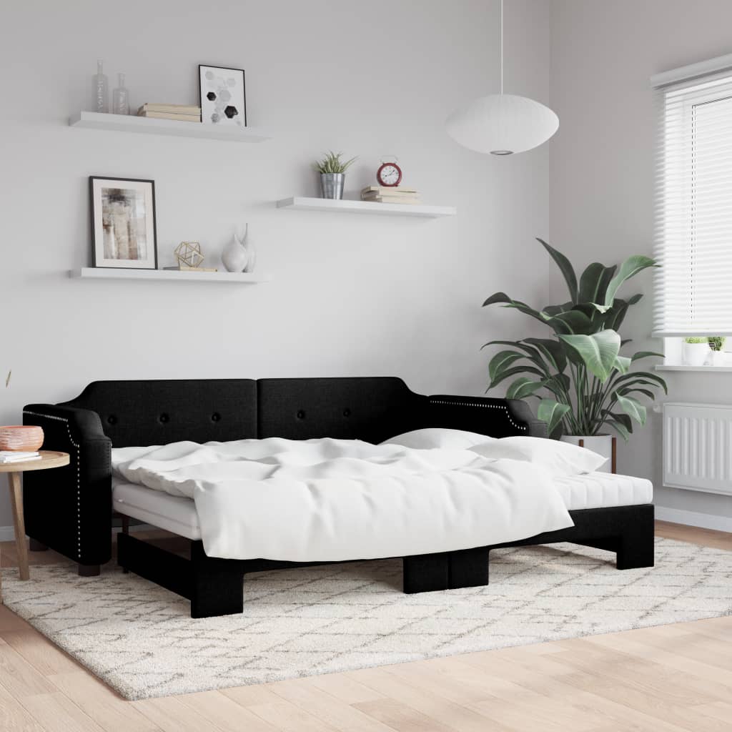 fekete kihúzható szövet heverő matracokkal 100 x 200 cm