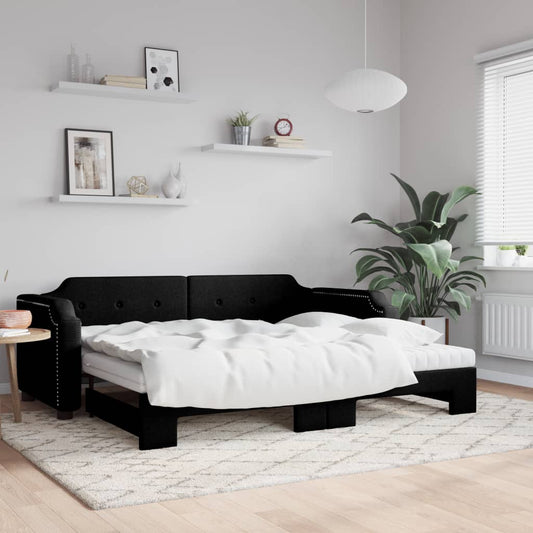 fekete kihúzható szövet heverő matracokkal 90 x 190 cm