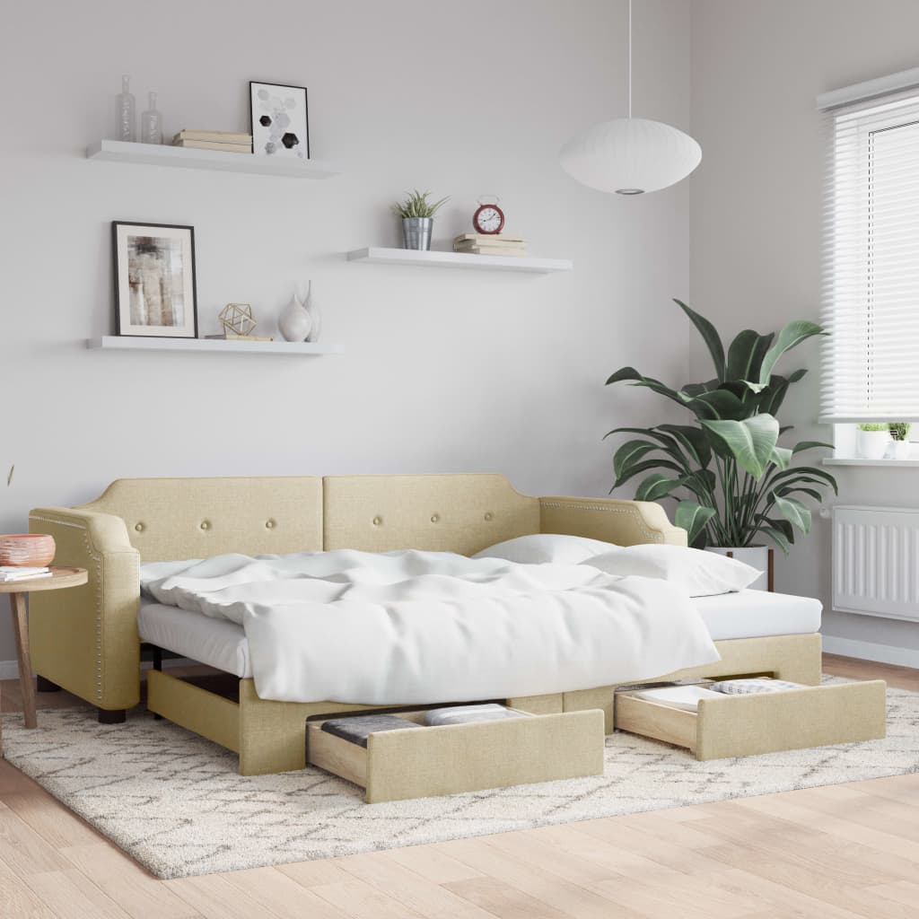 krémszínű kihúzható szövet heverő fiókokkal 80 x 200 cm