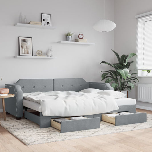 világosszürke kihúzható szövet heverő fiókokkal 100 x 200 cm