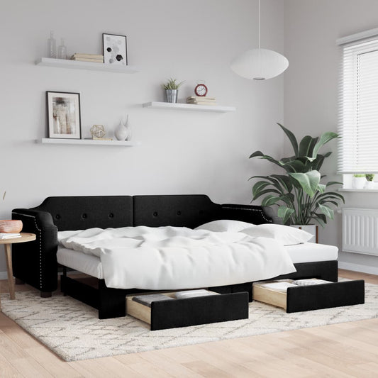 fekete kihúzható szövet heverő fiókokkal 100 x 200 cm
