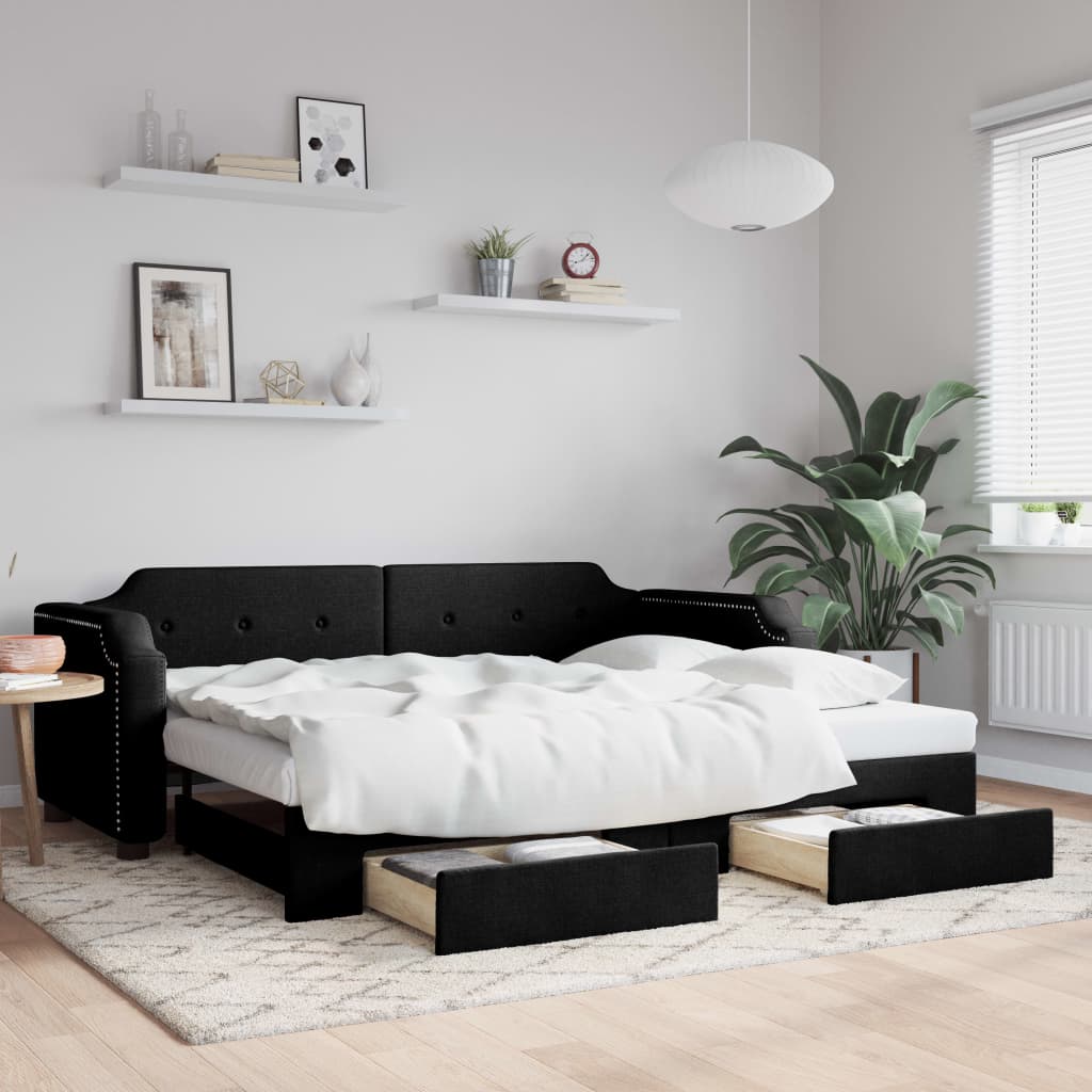 fekete kihúzható szövet heverő fiókkal 90 x 190 cm