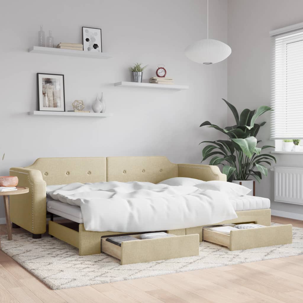 krémszínű kihúzható szövet heverő fiókokkal 80 x 200 cm