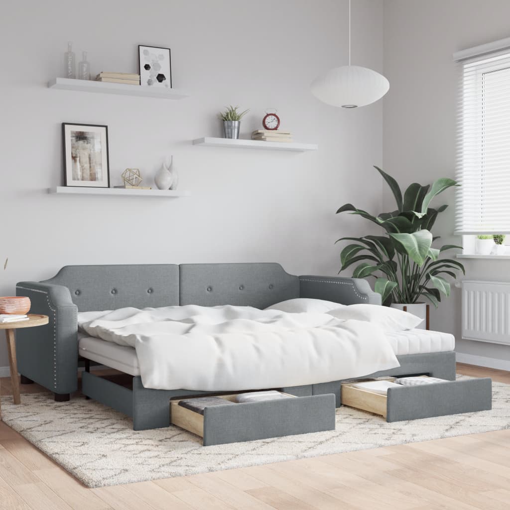 világosszürke kihúzható szövet heverő fiókokkal 100 x 200 cm