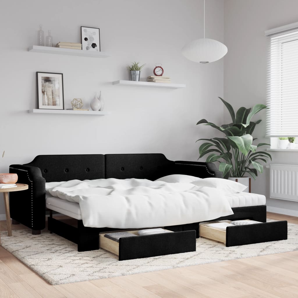 fekete kihúzható szövet heverő fiókokkal 100 x 200 cm