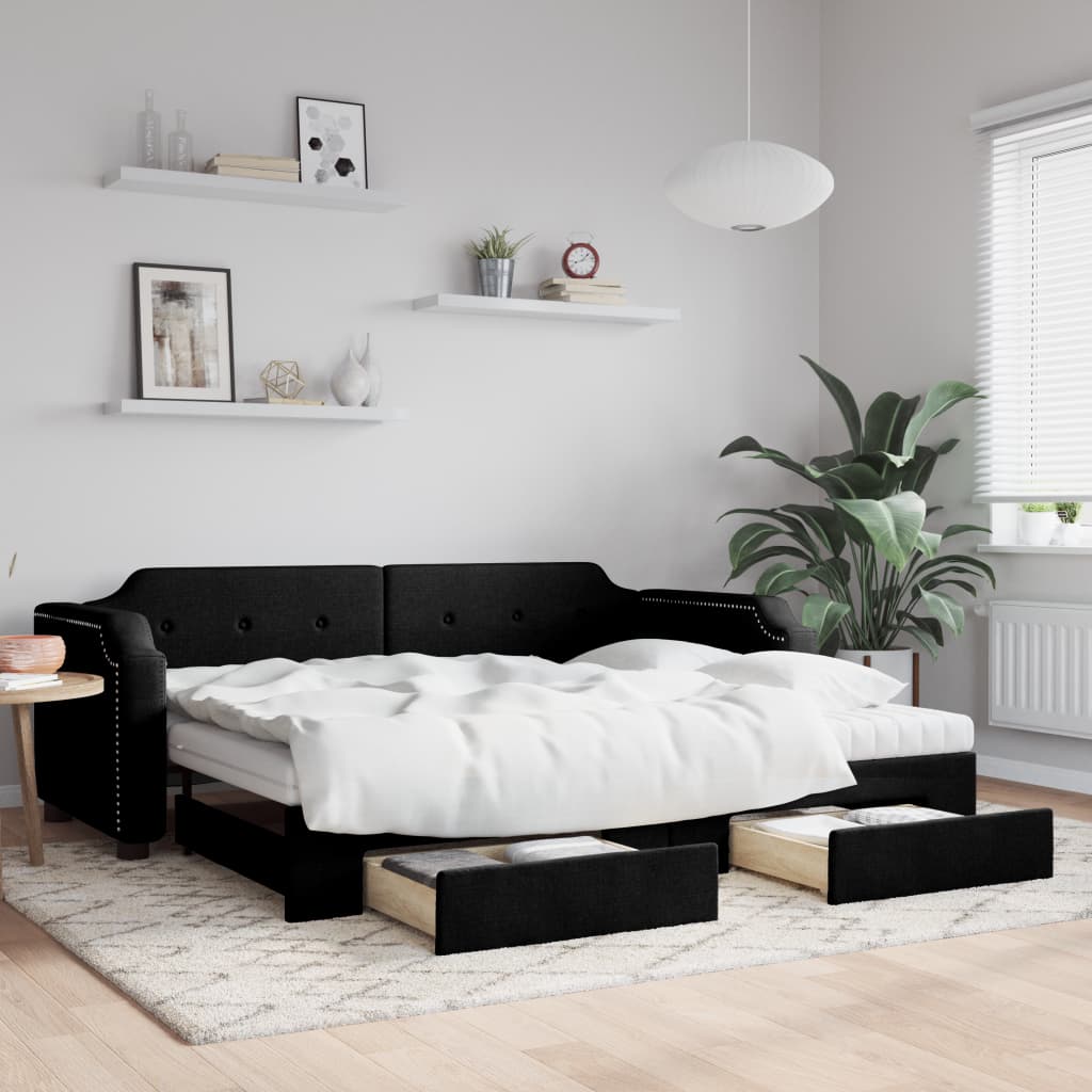 fekete kihúzható szövet heverő fiókkal 90 x 190 cm
