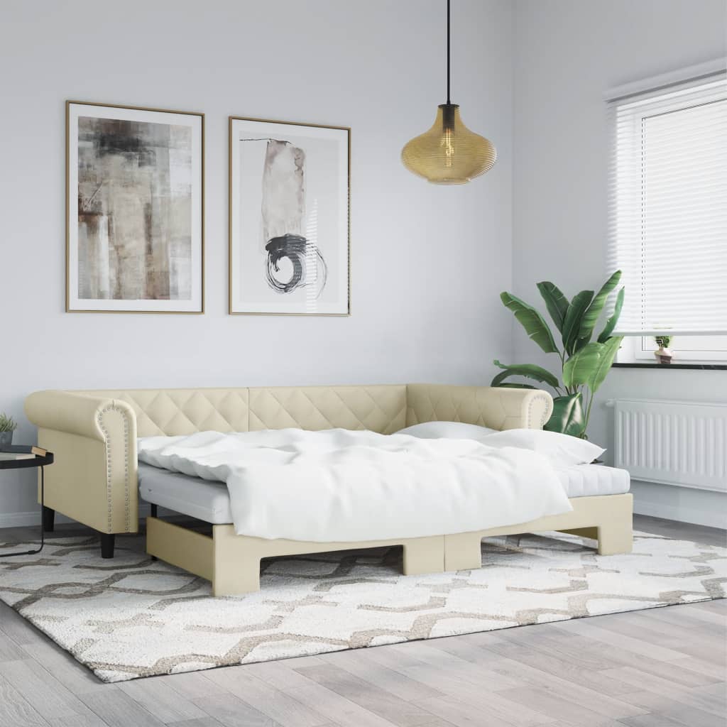 krémszínű kihúzható műbőr heverő 90 x 200 cm