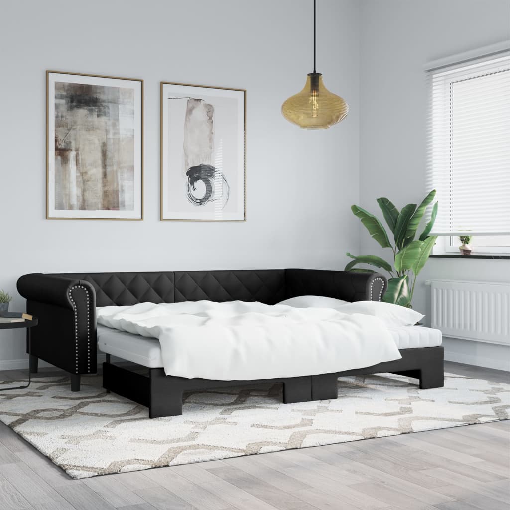 fekete kihúzható műbőr heverő matraccal 90 x 200 cm