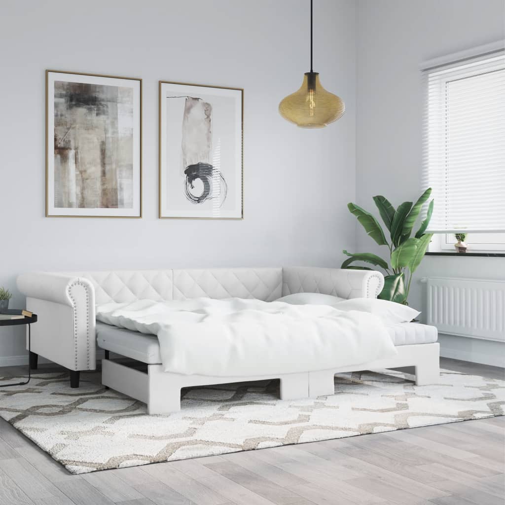 fehér kihúzható műbőr heverő matraccal 90 x 200 cm