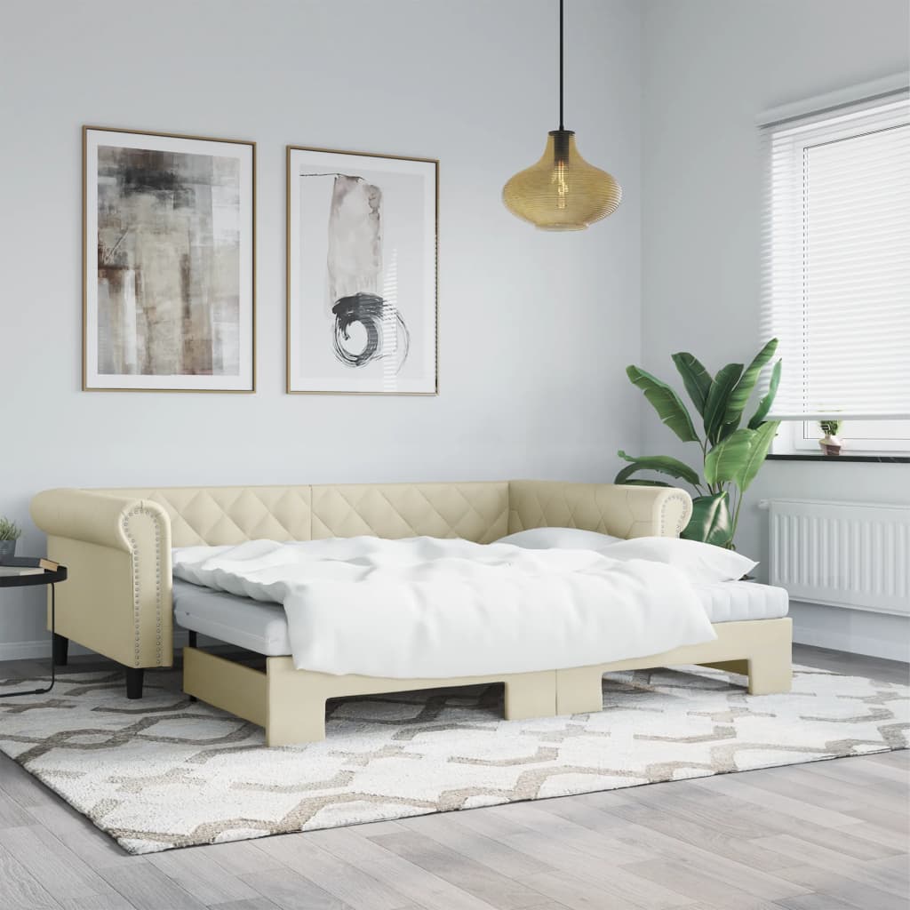 krémszínű kihúzható műbőr heverő matraccal 90 x 200 cm