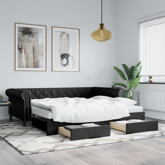 fekete kihúzható műbőr heverő fiókkal 90 x 200 cm