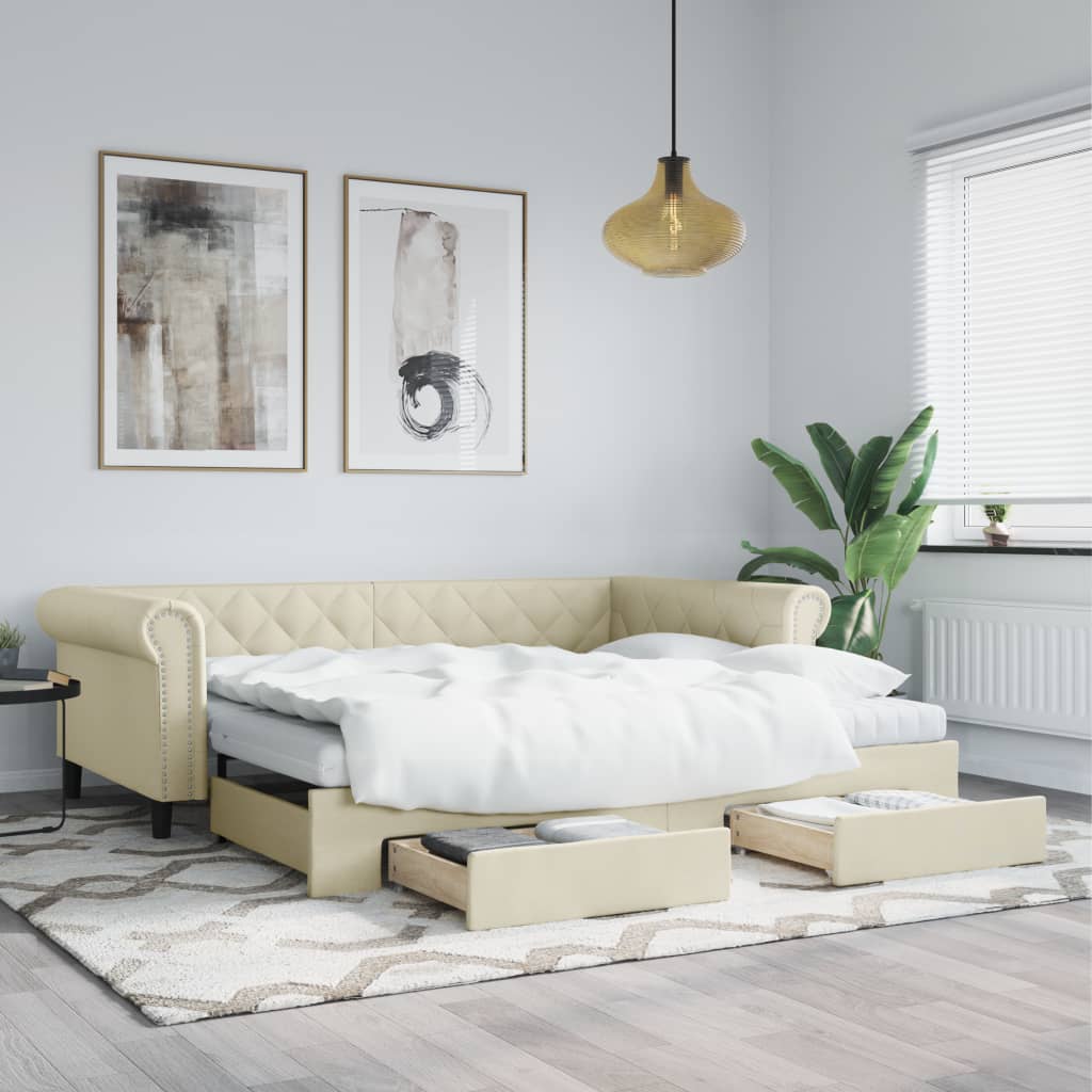 krémszínű kihúzható műbőr heverő fiókkal 90 x 200 cm