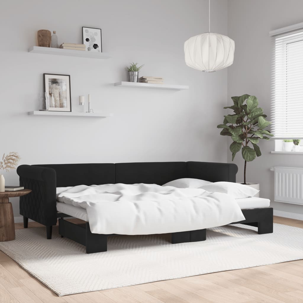 fekete kihúzható bársony heverő 80 x 200 cm