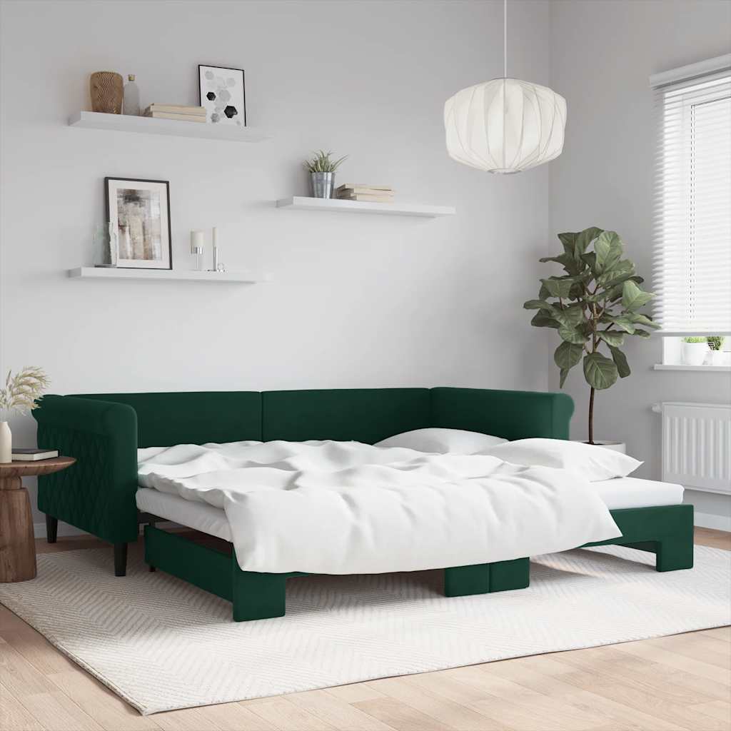 sötétzöld kihúzható bársony heverő 100 x 200 cm