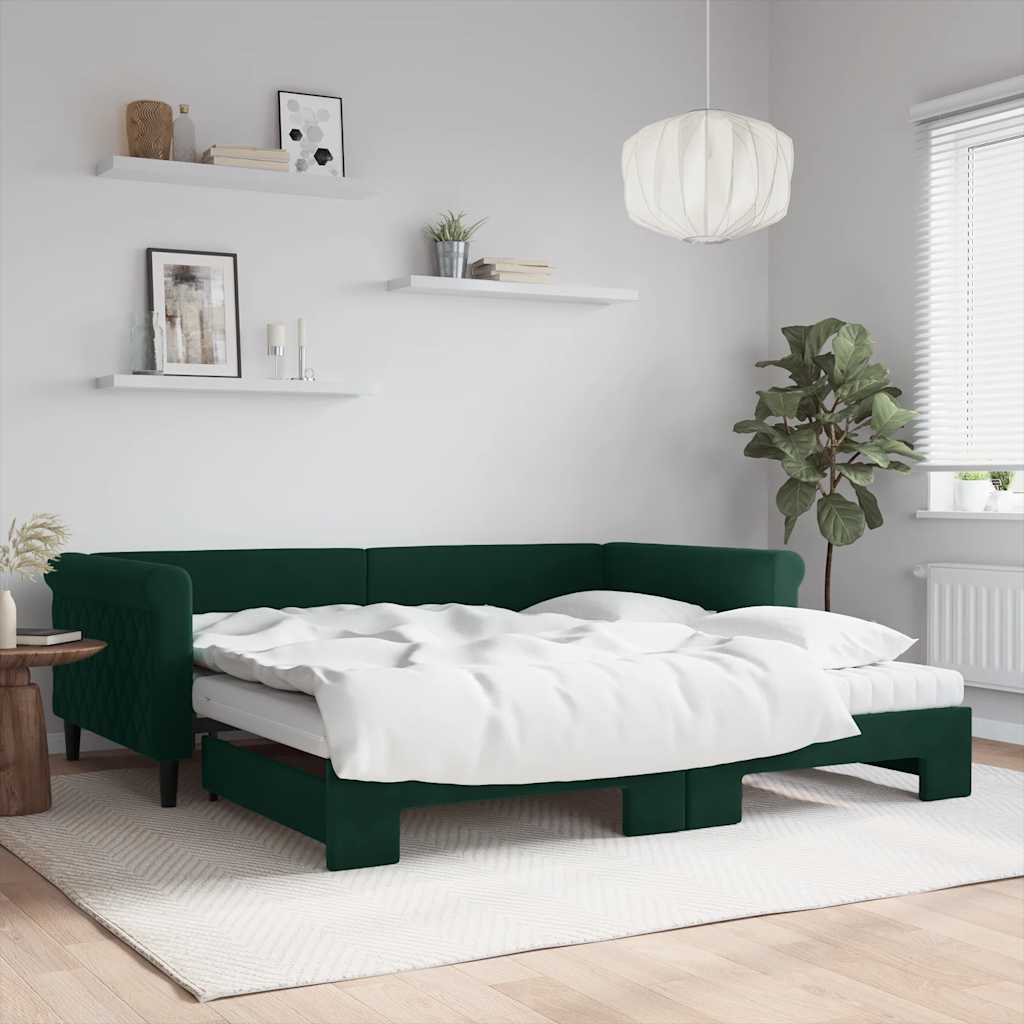 sötétzöld kihúzható bársony heverő matraccal 100 x 200 cm