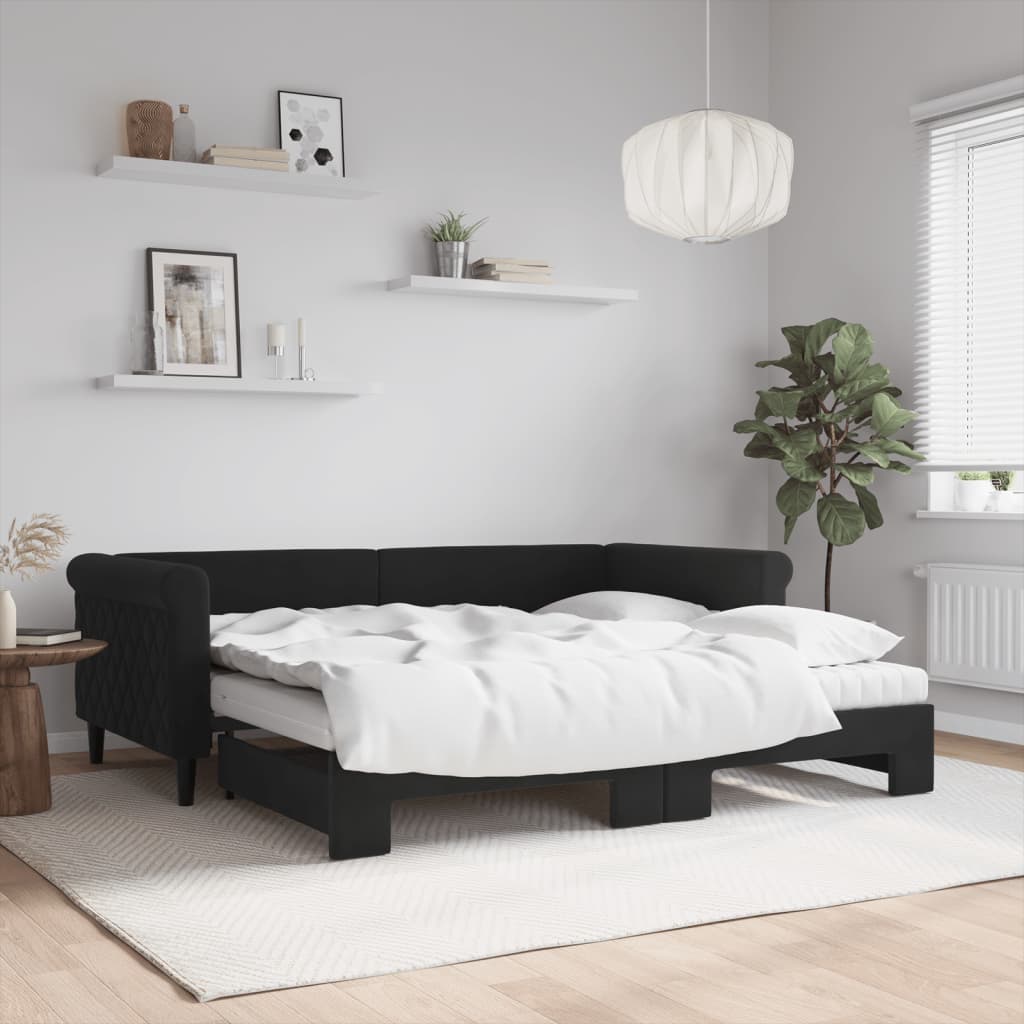 fekete kihúzható bársony heverő matracokkal 90 x 190 cm