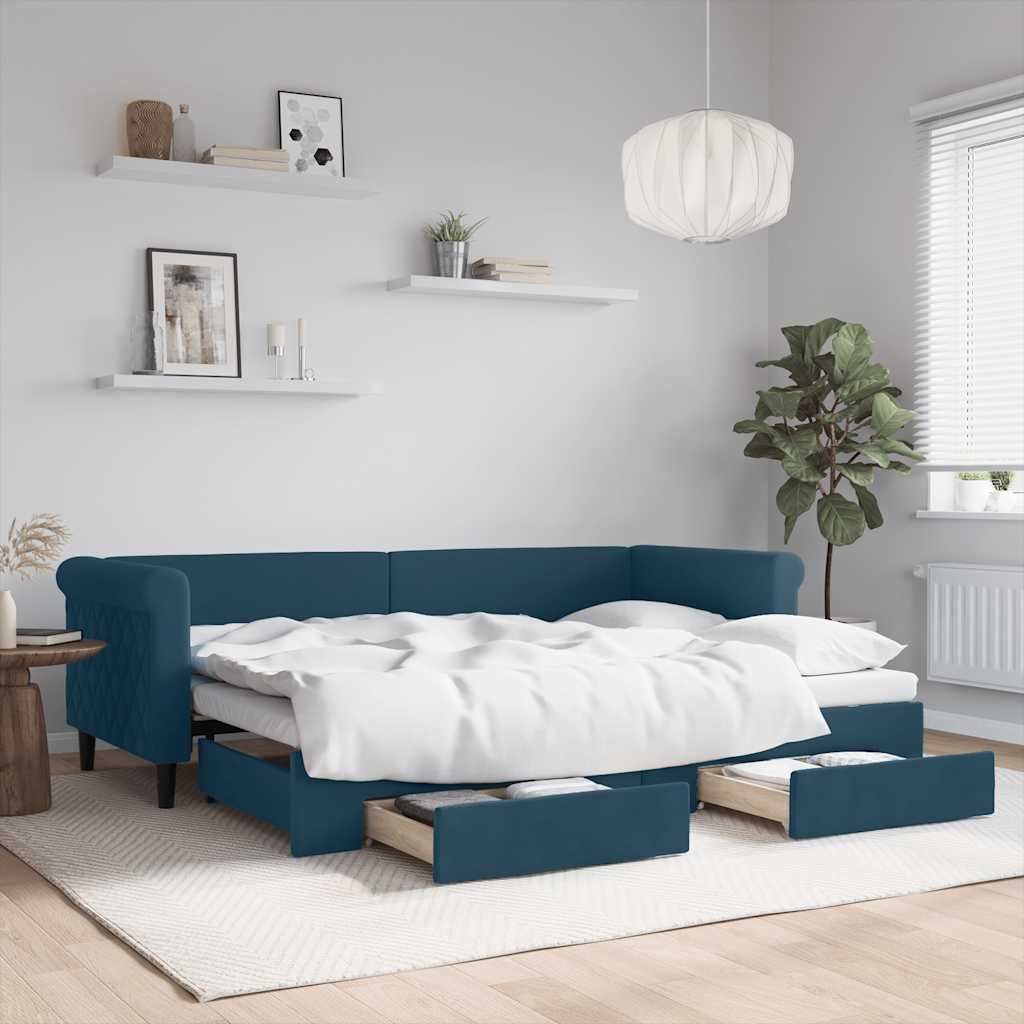 kék kihúzható bársony heverő fiókokkal 80 x 200 cm