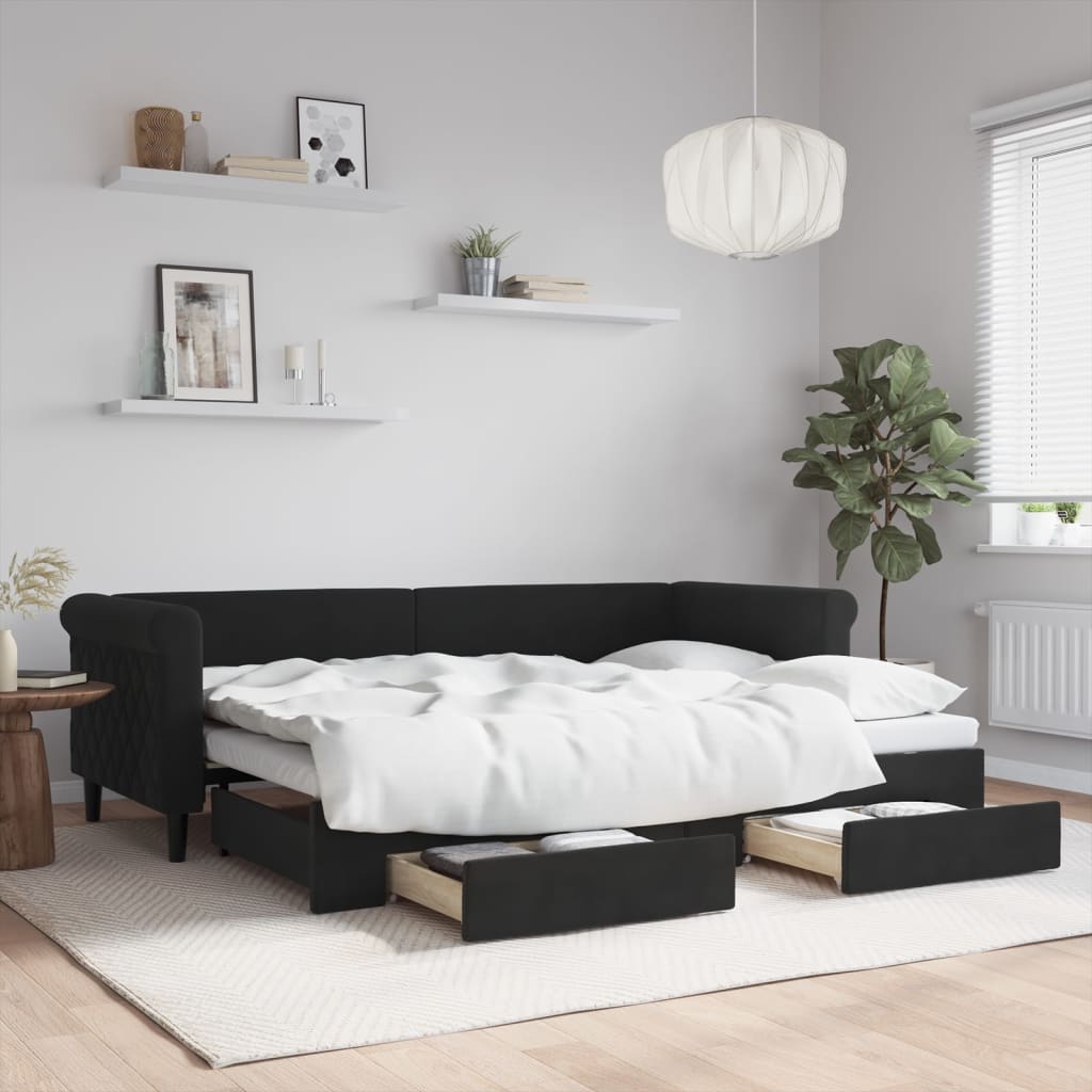 fekete kihúzható bársony heverő fiókkal 80 x 200 cm