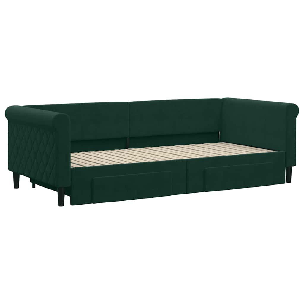 sötétzöld kihúzható bársony heverő fiókkal 90 x 200 cm