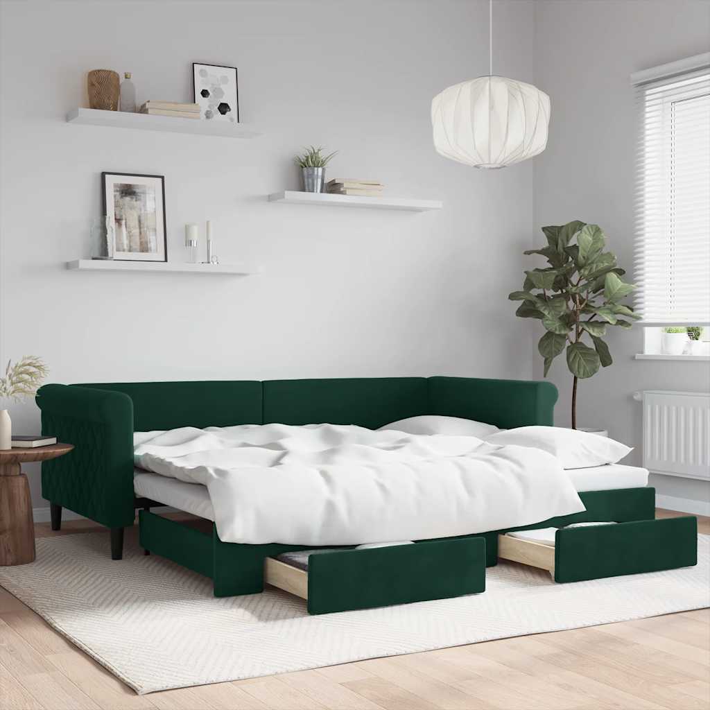 sötétzöld kihúzható bársony heverő fiókkal 90 x 200 cm