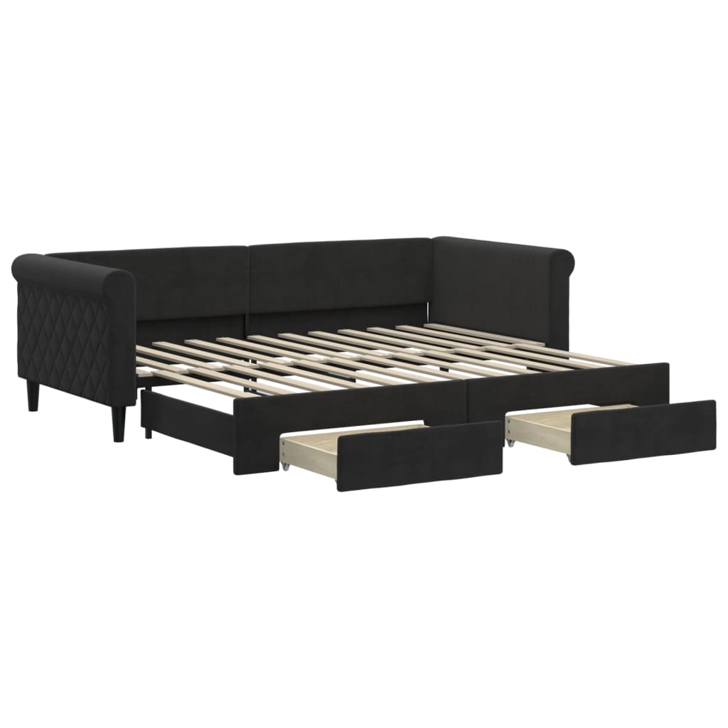 fekete kihúzható bársony heverő fiókkal 90 x 200 cm
