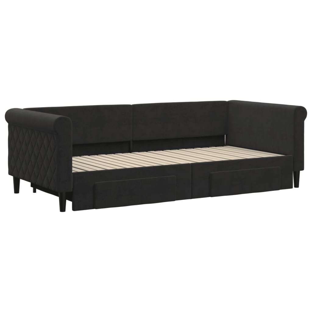 fekete kihúzható bársony heverő fiókkal 90 x 200 cm
