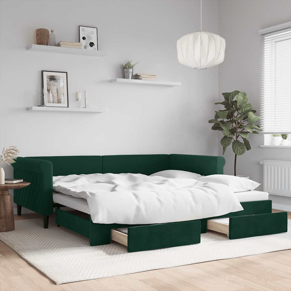 sötétzöld kihúzható bársony heverő fiókkal 100 x 200 cm
