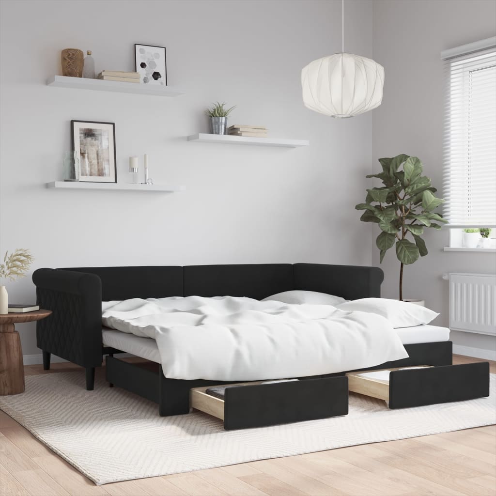 fekete kihúzható bársony heverő fiókkal 90 x 190 cm