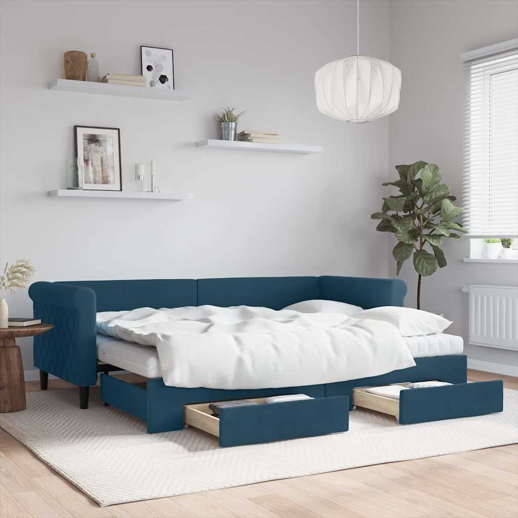 kék kihúzható bársony heverő fiókokkal 80 x 200 cm