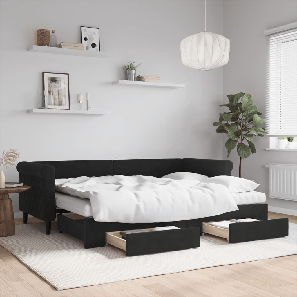 fekete kihúzható bársony heverő fiókkal 80 x 200 cm