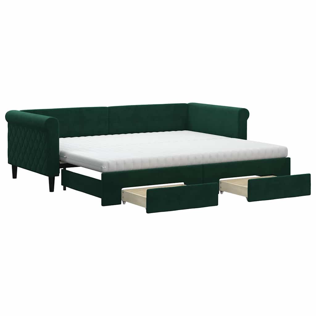 sötétzöld kihúzható bársony heverő fiókkal 90 x 200 cm