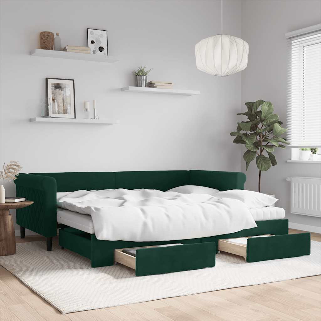sötétzöld kihúzható bársony heverő fiókkal 90 x 200 cm