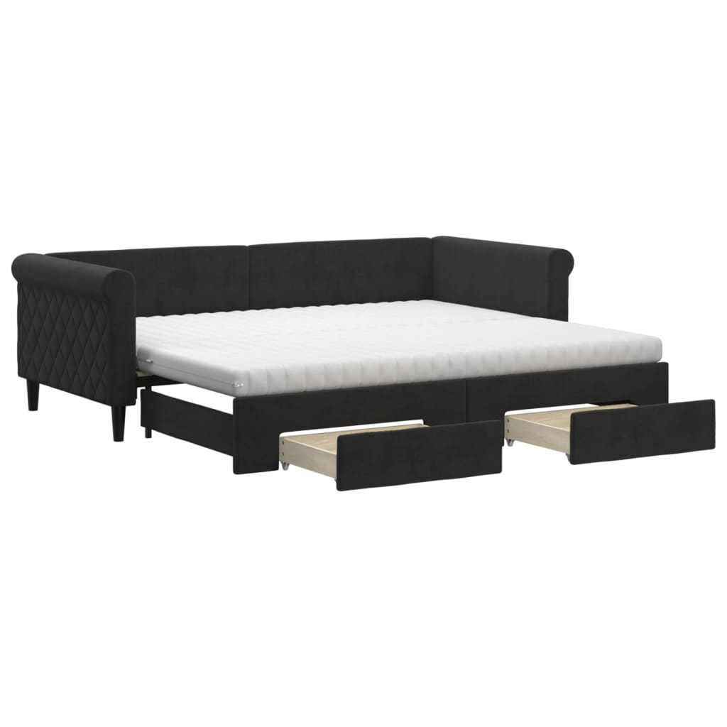fekete kihúzható bársony heverő fiókkal 90 x 200 cm