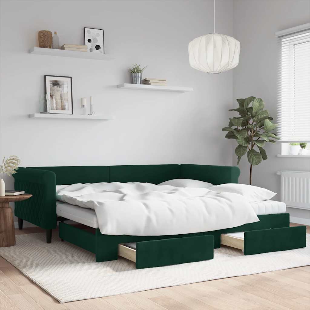 sötétzöld kihúzható bársony heverő fiókkal 100 x 200 cm