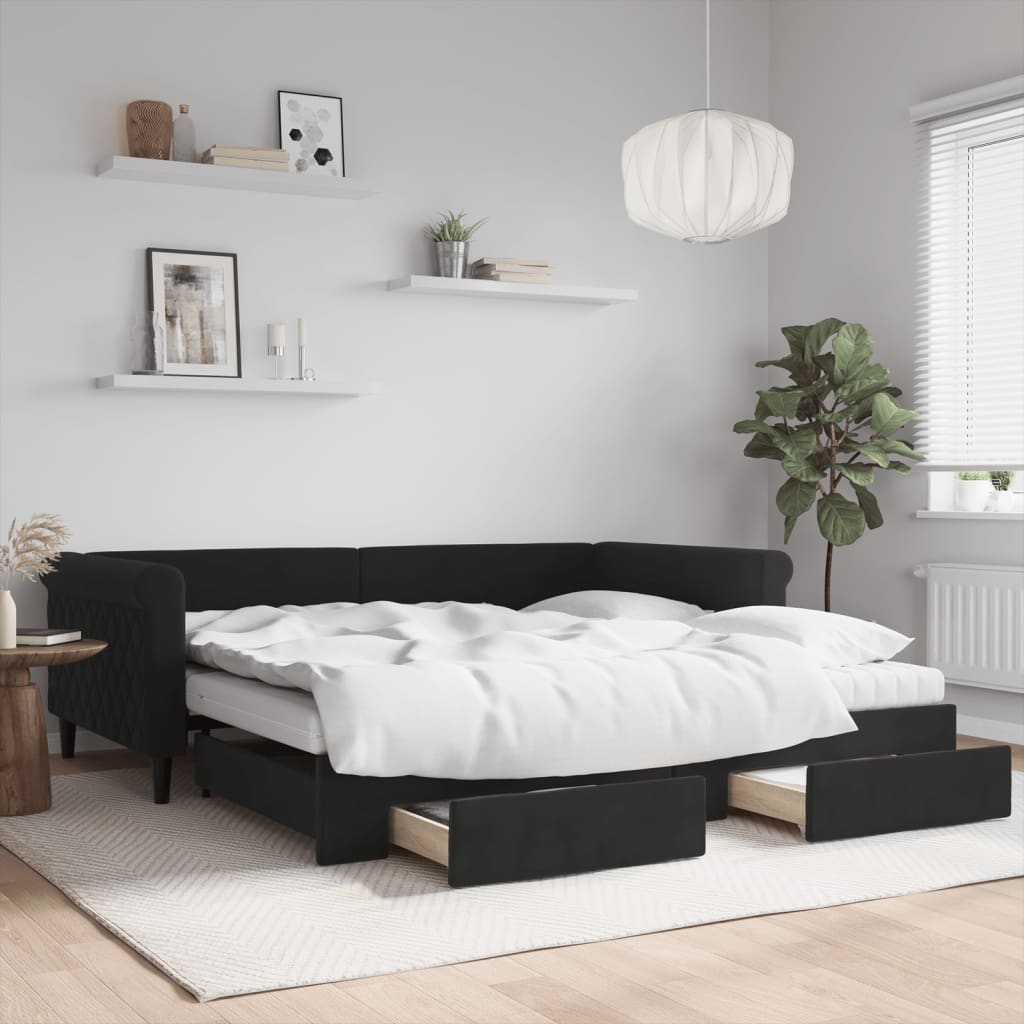 fekete kihúzható bársony heverő fiókkal 100 x 200 cm