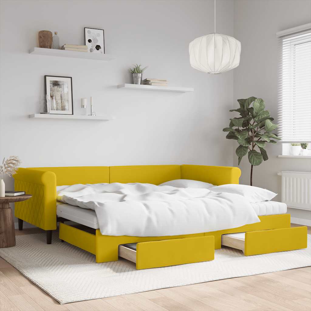 sárga kihúzható bársony heverő fiókkal 100 x 200 cm
