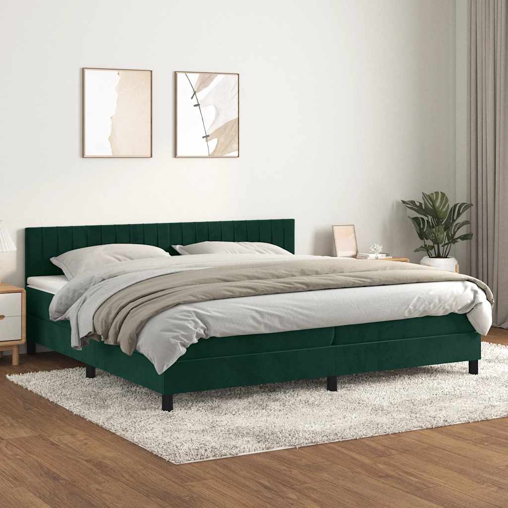 sötétzöld bársony rugós ágy matraccal 200x200 cm