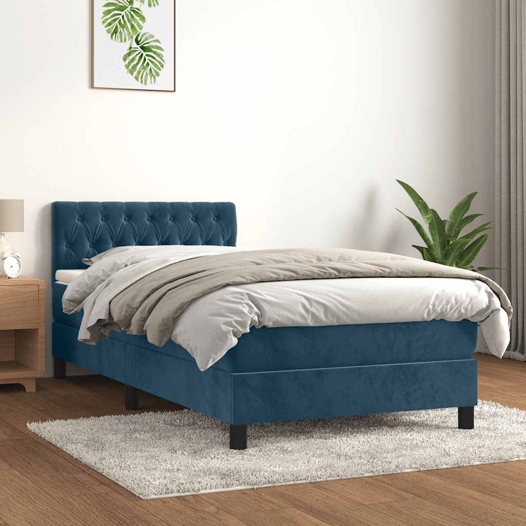 sötétkék bársony rugós ágy matraccal 90 x 200 cm