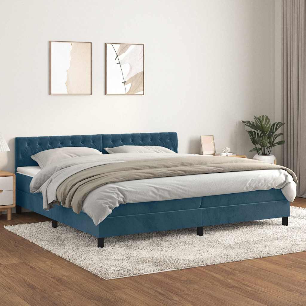 sötétkék bársony rugós ágy matraccal 200x200 cm