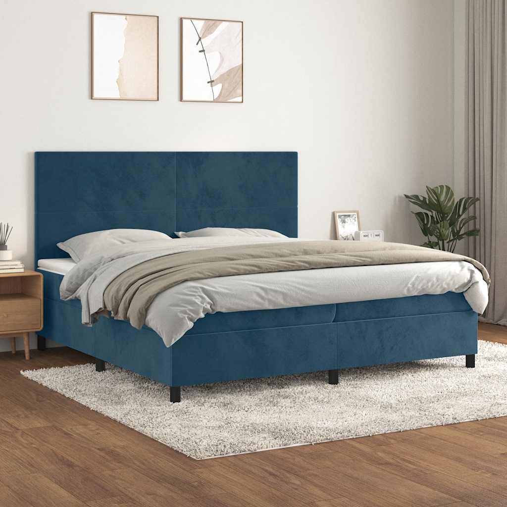 sötétkék bársony rugós ágy matraccal 200x200 cm
