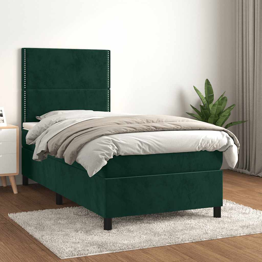 sötétzöld bársony rugós ágy matraccal 100 x 200 cm