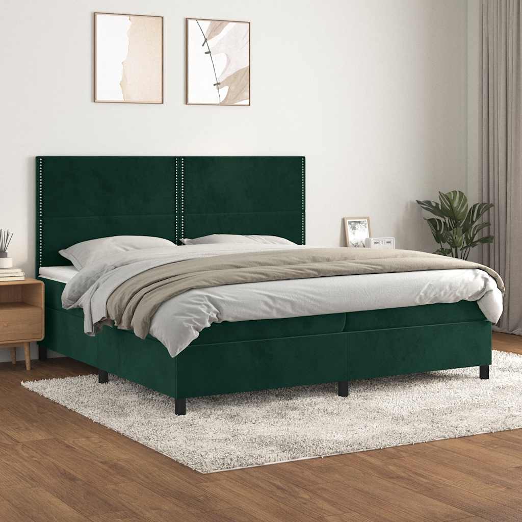 sötétzöld bársony rugós ágy matraccal 200x200 cm