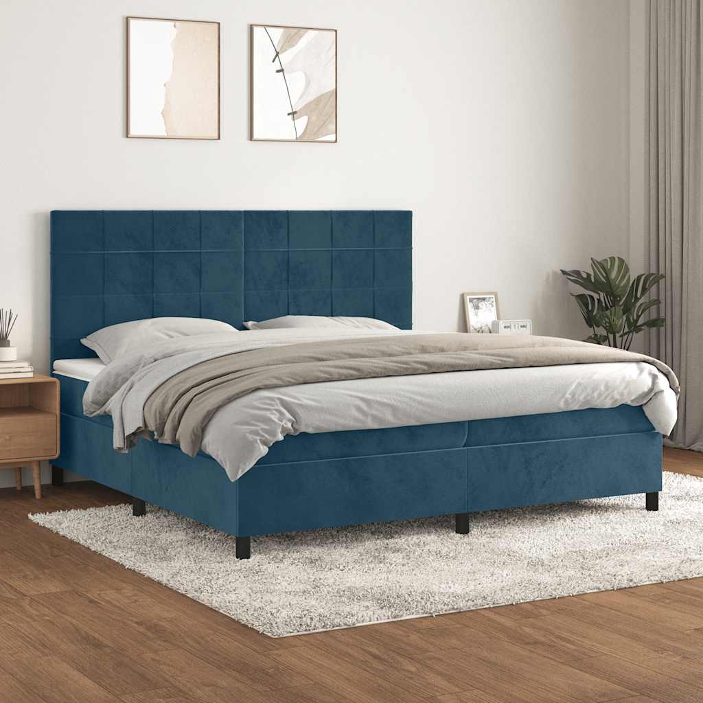 sötétkék bársony rugós ágy matraccal 200x200 cm