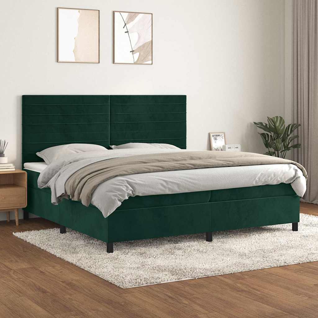 sötétzöld bársony rugós ágy matraccal 200x200 cm