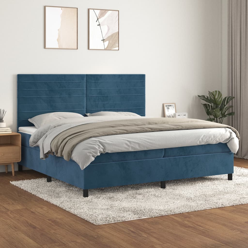 sötétkék bársony rugós ágy matraccal 200x200 cm