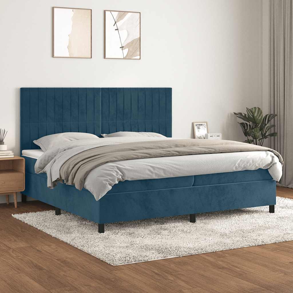 sötétkék bársony rugós ágy matraccal 200x200 cm