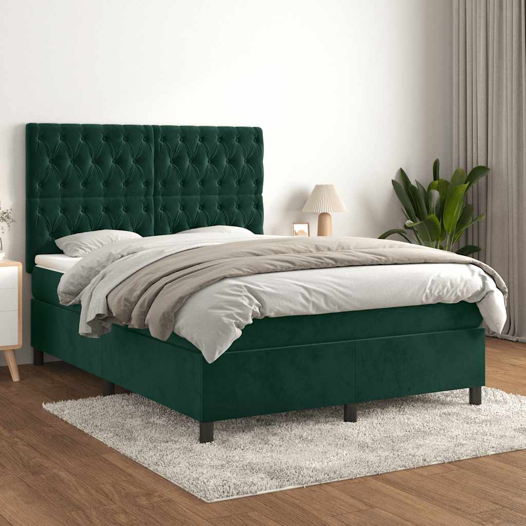 sötétzöld bársony rugós ágy matraccal 140x190 cm