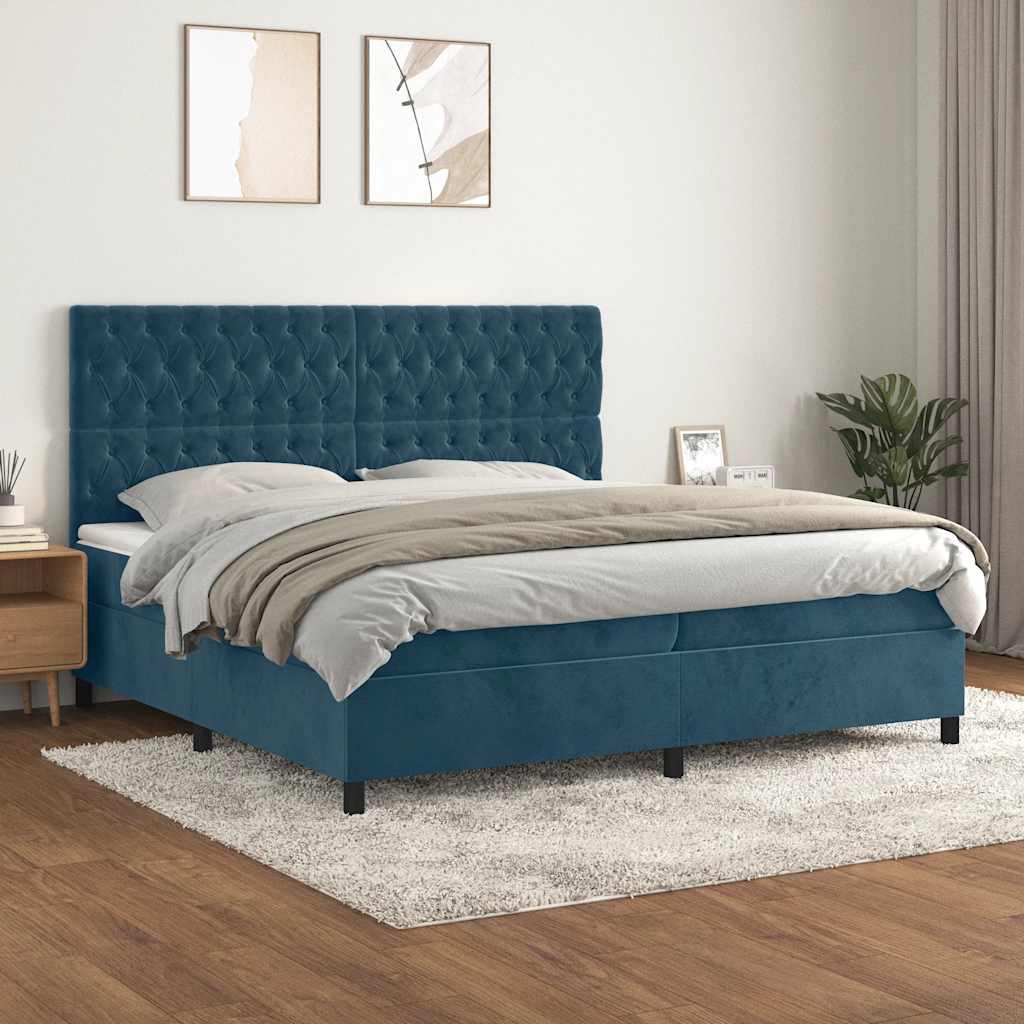 sötétkék bársony rugós ágy matraccal 200x200 cm