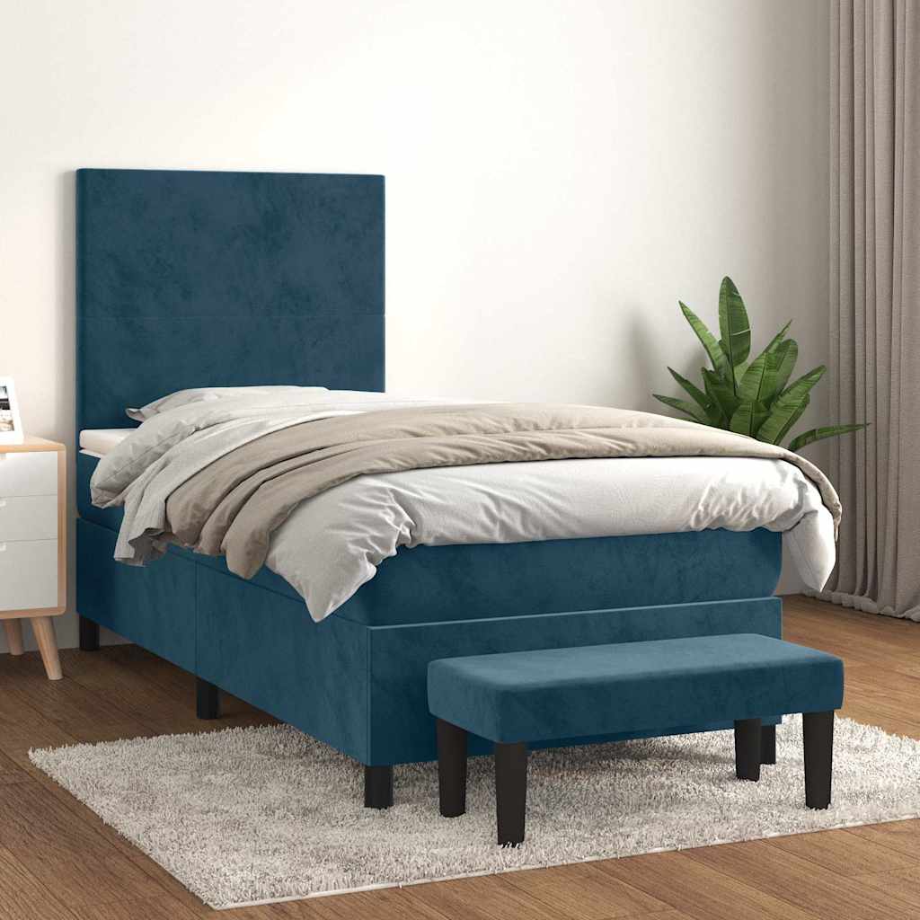 sötétkék bársony rugós ágy matraccal 90 x 200 cm