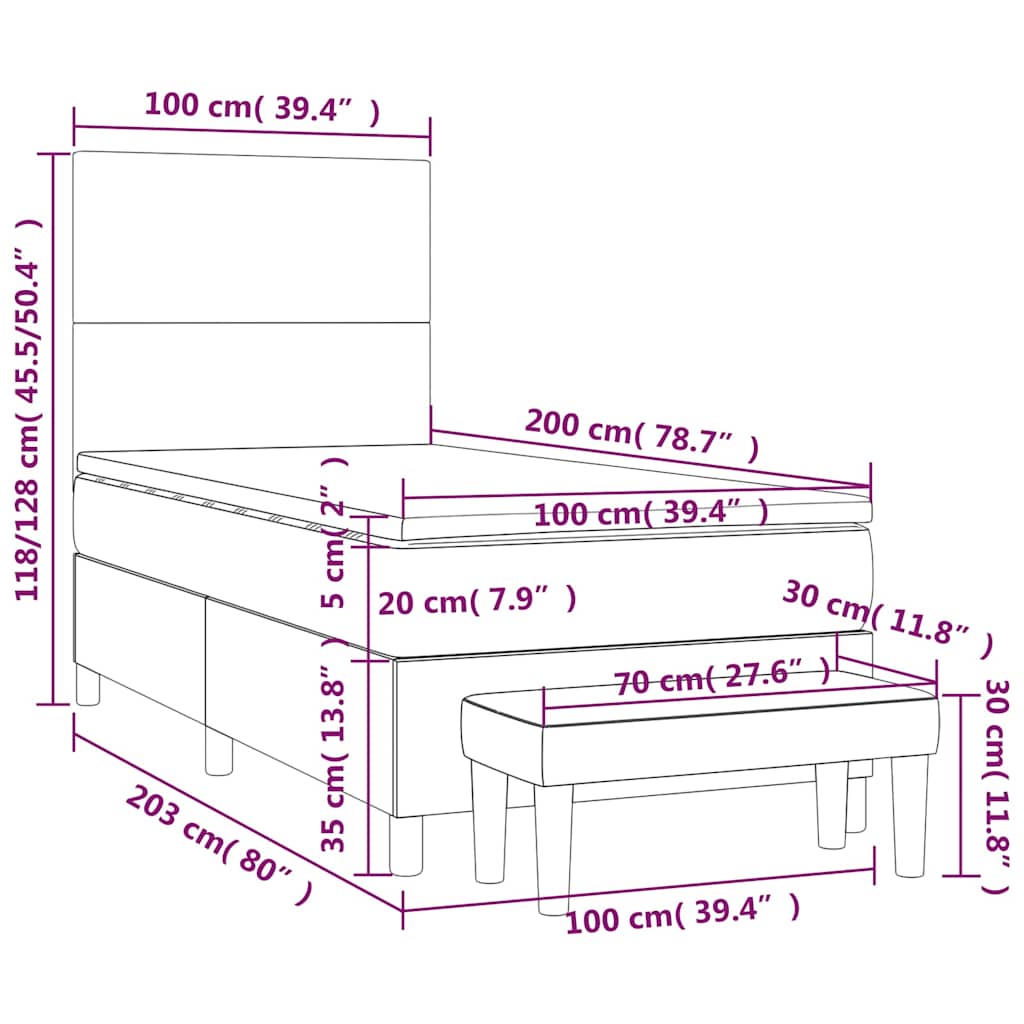 sötétkék bársony rugós ágy matraccal 100 x 200 cm